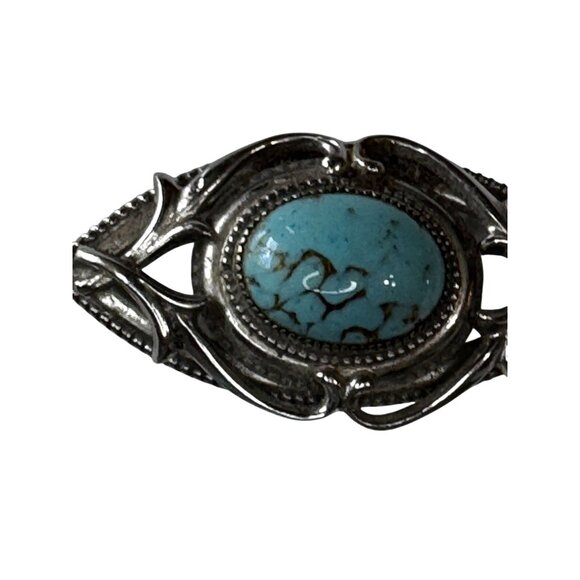 Whiting & Davis Brooch & Earrings Set Faux Turquoise Glass Cabochon Silver-Tone - Picture 2 of 7